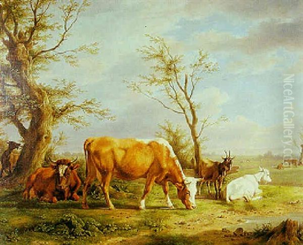 Weidende Kuhe Und Ziegen In Einer Baumbestandenen Wiesenlandschaft - view 1