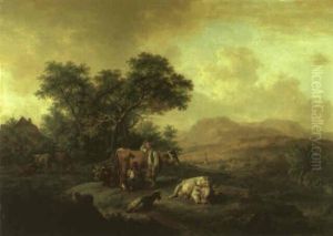 Grasende Kuhherde Mit Einem Hirtenpaar by Karl Kuntz