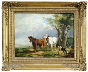 Kuh Und Ochse Mit Ziegenbock Und Hirt Vor Weitem, Wohl Mittelbadischem Landschaftshintergrund by Rudolf Kuntz
