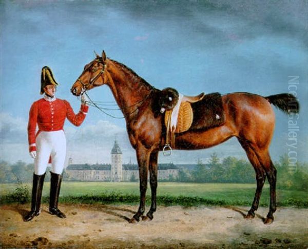 Ein Pferd Aus Dem Grossherzoglichen Badischen Marstall, Von Einem Bereiter Gefuhrt, Im Hintergrund Das Karlsruher Residenzschloss - view 1