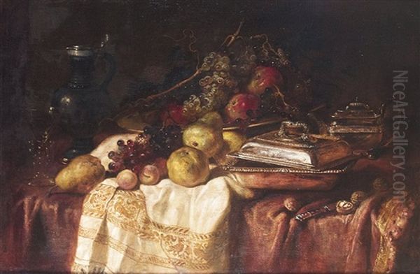 Fruit Still Life With Silver Vessels And Glass by Ludwig Adam Kunz