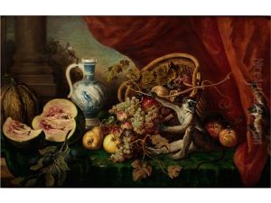 Grosses Prunkstillleben Mit Fruchten, Affen Und Henkelkrug