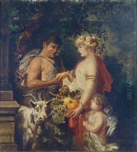 Faun Und Nymphe Im Vordergrund Ziegenbock Und Amorette by Ludwig Adam Kunz