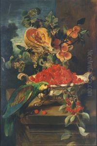 Altmeisterliches Fruchtestilleben Mit Kirschen, Kurbis Und Pfirischen Auf Einem Mauervorsprung, Vorne Ein Papagei by Ludwig Adam Kunz