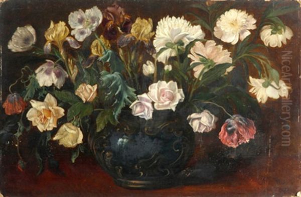 Stilleben Mit Rosen, Lilien Und Mohn In Einer Kugelvase - view 1