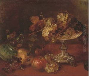 Grapes On A Silver Tazza Alongside Figs, Pears And An Apple On An Upturned Plate