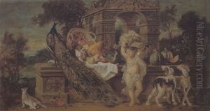 Putto Mit Fruchtekorb Vor Einen Barocken Pavillon In Bewaldeter Parklandschaft