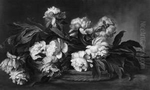 Stilleben Mit Aufgebluhten Pfingstrosen In Einem Weidenkorb by Ludwig Adam Kunz