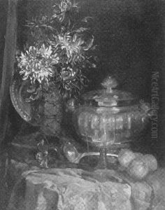 Stilleben Mit Dahlienstraus Und Prunkgeschirr by Ludwig Adam Kunz