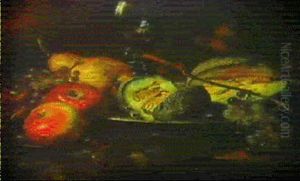 Fruchtestilleben Mit Trauben, Apfeln, Melone, Birne Und     Einem Romerglas Auf Einem Tisch
