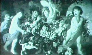 Children Masquerading As Putti And Musicians Admidst A Garland Of Flowers With A Puppy At Their Feet by Ludwig Adam Kunz