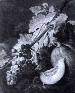 Stilleben Mit Traube Und Melone, Umgeben Von Herbstlic-     Hem Weinlaub