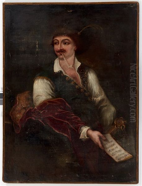 Portrait D'un Chanteur D'opera Au Manteau Rouge Et Bleu, Appuye A Un Pilier Et Tenant Une Partition Musicale (+ Portrait D'un Chanteur D'opera A La Pipe, Assis Et Tenant Une Partition Musicale, Pair) - view 1