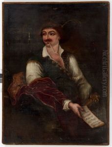 Portrait D'un Chanteur D'opera Au Manteau Rouge Et Bleu, Appuye A Un Pilier Et Tenant Une Partition Musicale (+ Portrait D'un Chanteur D'opera A La Pipe, Assis Et Tenant Une Partition Musicale, Pair) by Johann (Jan) Kupetzki