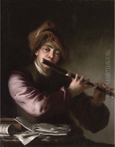 A Man Playing The Flute By A Table With Sheet Music - view 1