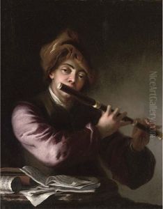 A Man Playing The Flute By A Table With Sheet Music by Johann (Jan) Kupetzki