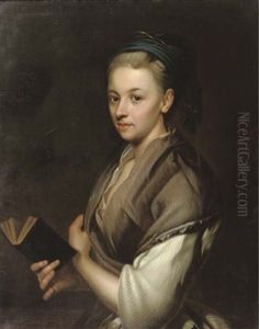 Portrait Of Susanna Klaus, The Wife Of The Artist, In A White Dess And Brown Shawl, Holding A Book In Her Right Hand by Johann (Jan) Kupetzki