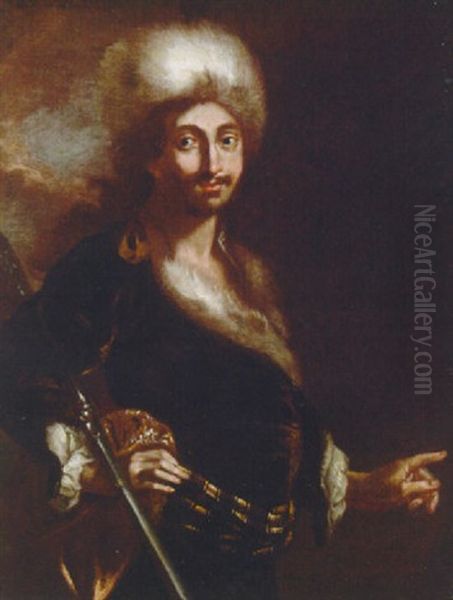 Portrait Of A Huntsman In A Fur Hat And Fur Trimmed Coat, Holding A Rifle - view 1