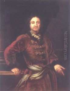Portrait Of A Gentleman Dressed In A Red Coat With Gold Embroidery And A Sash, His Right Hand Resting On A Plinth