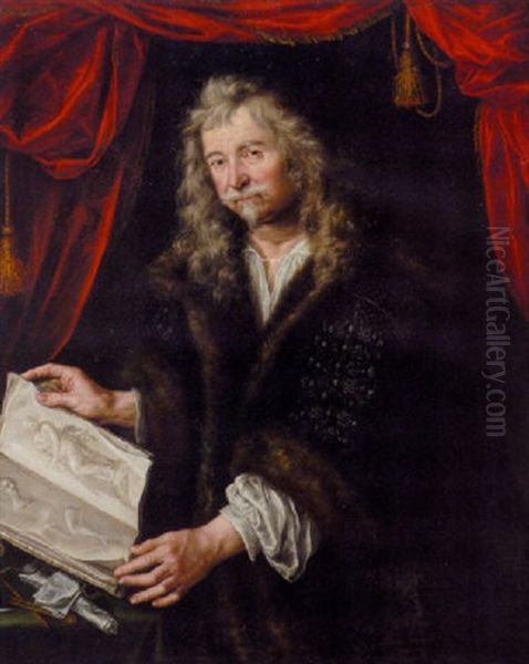 Portrait Of A Connoisseur In A Black Fur-trimmed Coat, Standing At A Table Holding A Book Of Sketches, Against A Crimson Curtain - view 1
