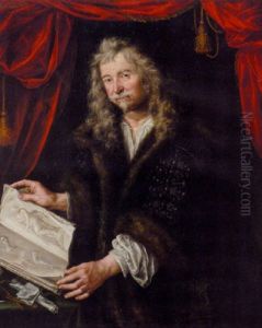 Portrait Of A Connoisseur In A Black Fur-trimmed Coat, Standing At A Table Holding A Book Of Sketches, Against A Crimson Curtain
