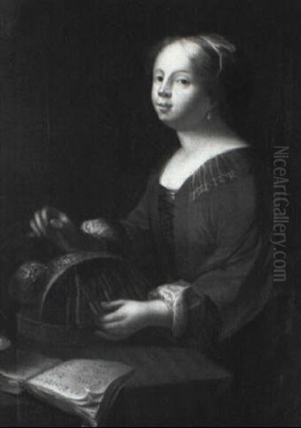 Young Woman Making Lace With A Musical Score On A Table - view 1