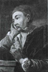 A Young Man Smoking A Clay Pipe, His Right Arm Resting On A Stone Plinth