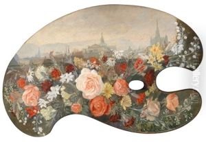 Malerpalette Mit Blumen Vor Der Silhoutte Wiens by Johann Michael Kupfer