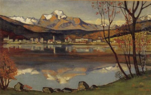Herbstilicher Bergsee Mit Dorf Im Mittelgrund - view 1