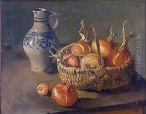 Stilleben Mit Einem Korb Zwiebeln Sowie Einem Krug by Leo Kueppers