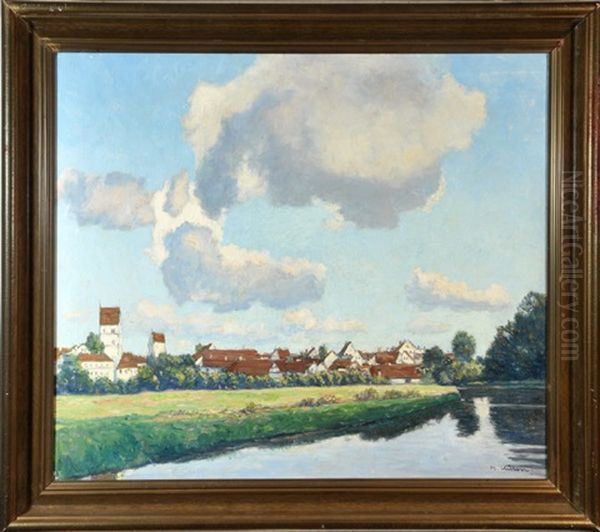 Sommerlandschaft Mit Kleinem Dorf Am Fluss - view 1