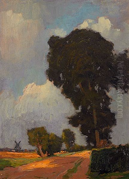 Sommerliche Landschaft Mit Windmuhle Und Malerischen Baumen - view 1
