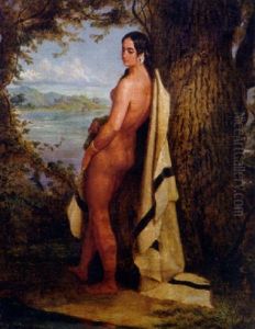 Stehender Akt Einer Indianerin, Malerisch An Baum Lehnend, Mit Blick Auf Fluslandschaft Stehender Akt Einer Indianerin, Malerisch An Baum Lehnend, Mit Blick Auf Fluslandschaft