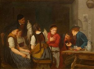 Seven People In Rustic Room by Eduard Kurzbauer