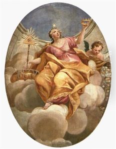 Allegorie Des Wohlstandes Mit Weiblicher Gewandfigur, Einen Stab Mit Dem Auge Gottes In Ihrer Rechten Haltend, Zu Ihrer Linken Ein Putto Mit Fulhorn, Aus Dem Munzen Fallen by Franz Kuerzinger