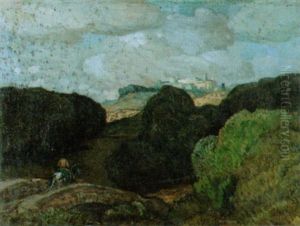 Hugelige Waldlandschaft Mit Einem Einsamen Reiter by Max Kuschel