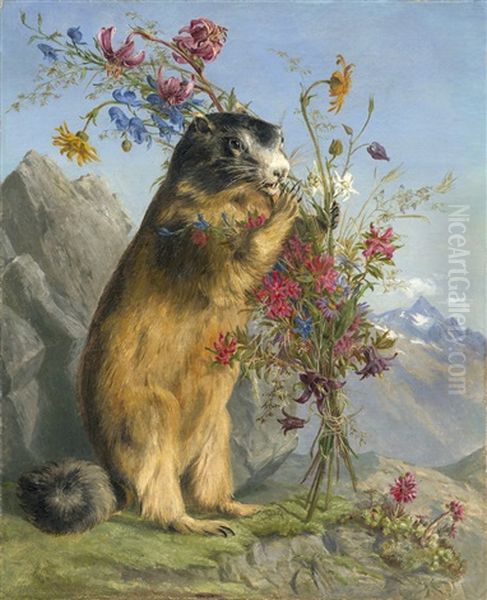 Der Gratulant Oder Die Dame Kommt Nicht - Ein Murmeltier Mit Einem Strauss Aus Wiesenblumen Vor Alpenpanorama - view 1