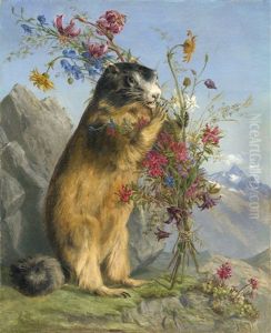 Der Gratulant Oder Die Dame Kommt Nicht - Ein Murmeltier Mit Einem Strauss Aus Wiesenblumen Vor Alpenpanorama by Ferdinand Kuess