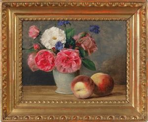 Still Life With Roses In A Faience Jug And Two Peaches by Ferdinand Kuess