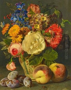 Stillleben Mit Einem Strauss Blumen Und Obst by Ferdinand Kuess