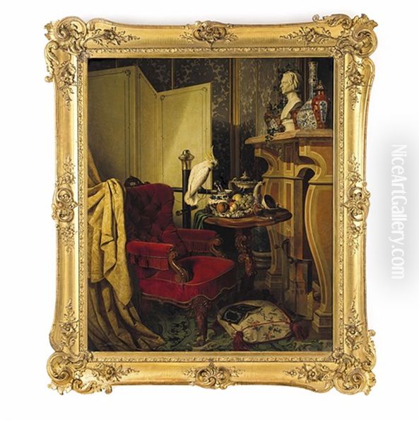 Groses Interieur-stillleben Mit Paravent, Sessel, Buch Auf Fuspolster, Kakadu, Obst Mit Teekanne Und Zuckerschale Auf Tisch Sowie Buste Mit Vasen - view 1