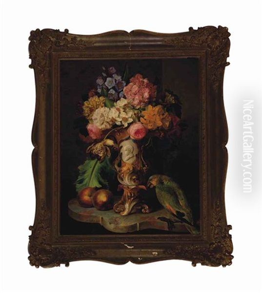 Still Life With Vase Of Flowers, Peaches And A Parrot On A Marble Ledge - view 1