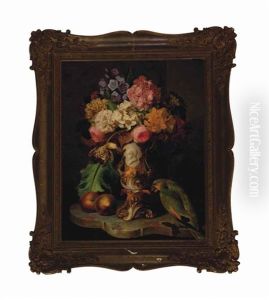 Still Life With Vase Of Flowers, Peaches And A Parrot On A Marble Ledge by Ferdinand Kuess
