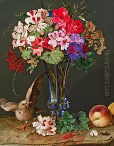 Blumenstillleben Mit Taube Und Pfirsichen by Ferdinand Kuess