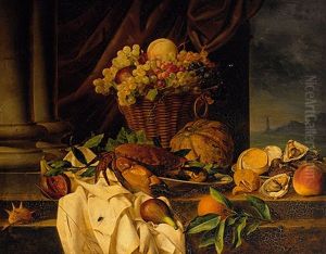Stilleben Mit Meeresfruchten Und Obst In Weidenkorb Vor Vorhanghintergrund. Seitlich Durchblick Auf Abendliche Marine by Ferdinand Kuess