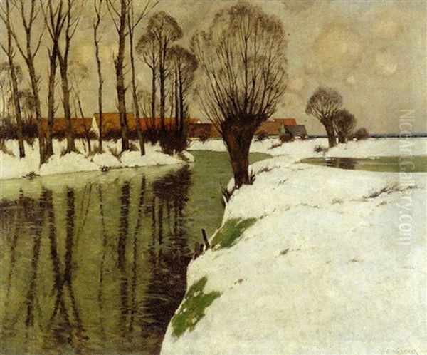 Winterliche Flusslandschaft Mit Dorfansicht - view 1