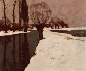 Weite Spatwinterliche Landschaft Nahe Einem Dorf by Carl Kuestner