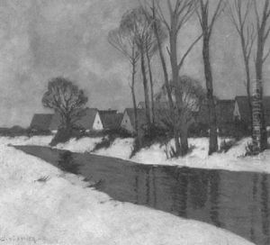 Verschneites Dorf Am Flus by Carl Kuestner