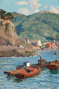 Fischerbarken Vor Mediterraner Gebirgslandschaft by Paul Kutscha