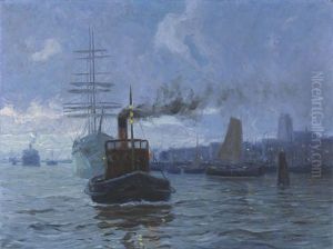 Abendlicher Hafen Mit Einem Schlepper Abendlicher Hafen Mit Einem Schlepper